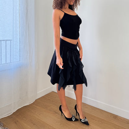 Vintage Cop Copine Euro Y2K Black Ruffle Panel Midi Skirt (Small)