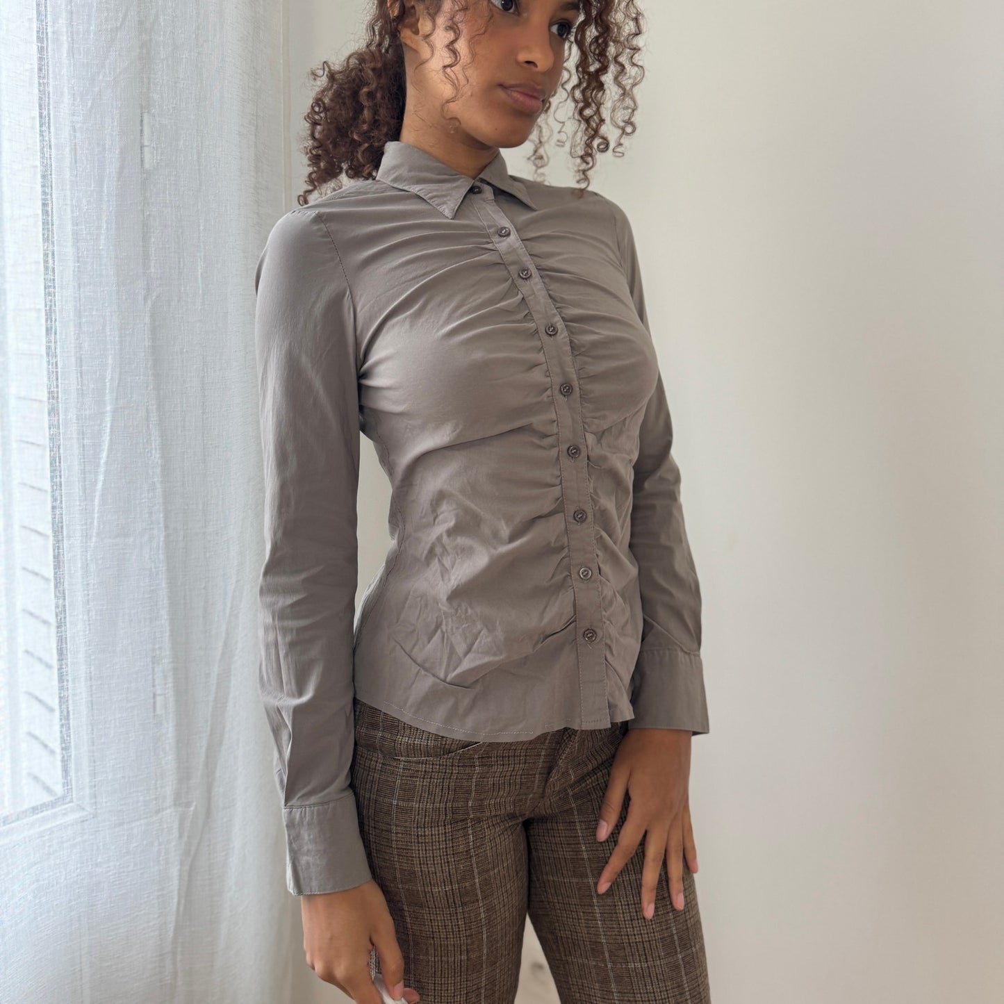 Vintage French grey ruched button-up shirt (XS/S)