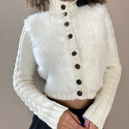 Vintage Y2K White Fur Cardigan with Knit Sleeves (S)