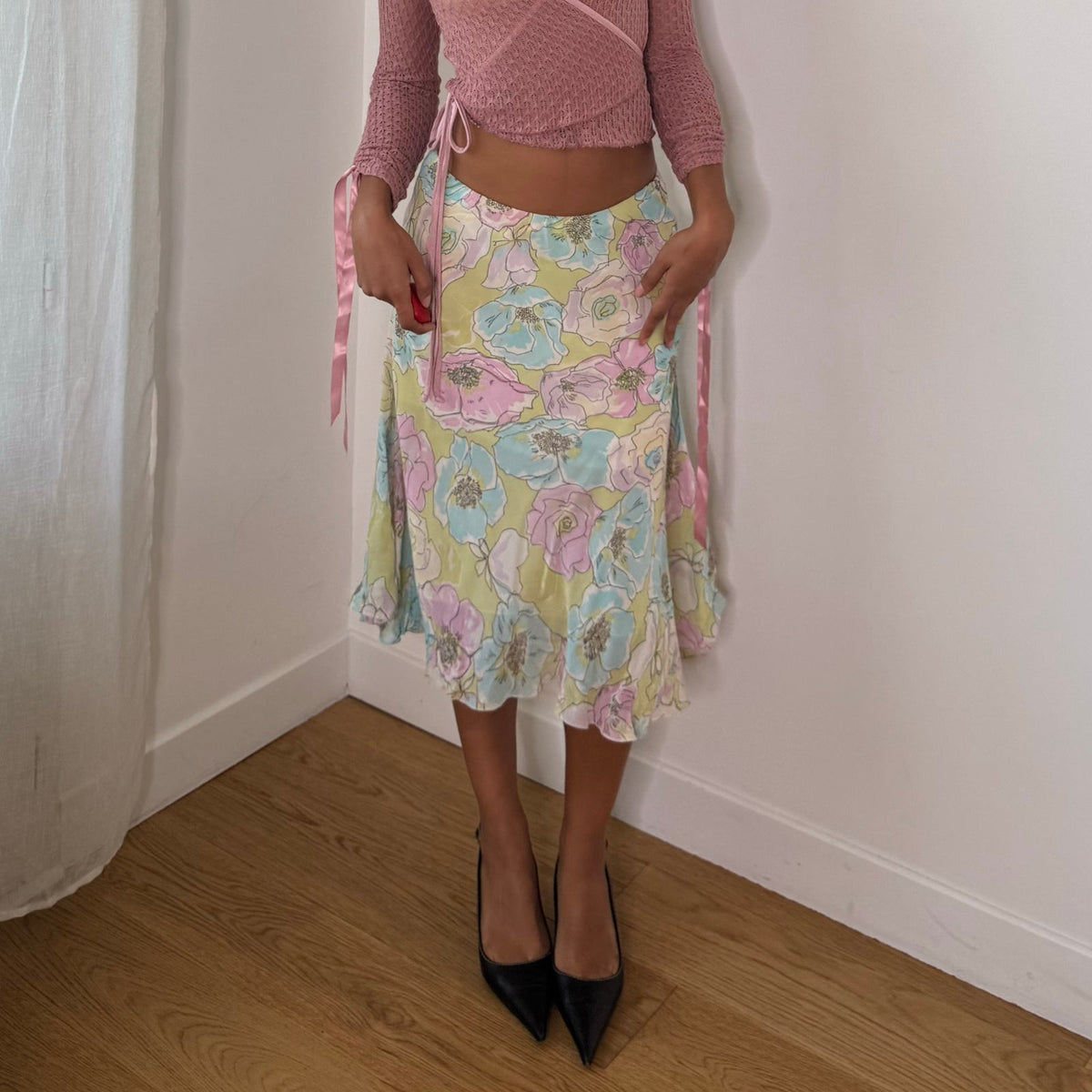 European vintage pastel floral print mesh midi skirt with flared hem