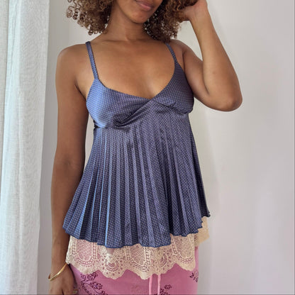 Vintage Denny Rose Blue Polka Dot Babydoll Cami Lace Hem Italian Y2K (S)