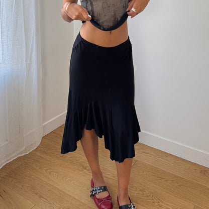 Vintage Euro black asymmetric ruffle-hem stretch midi skirt (Small)