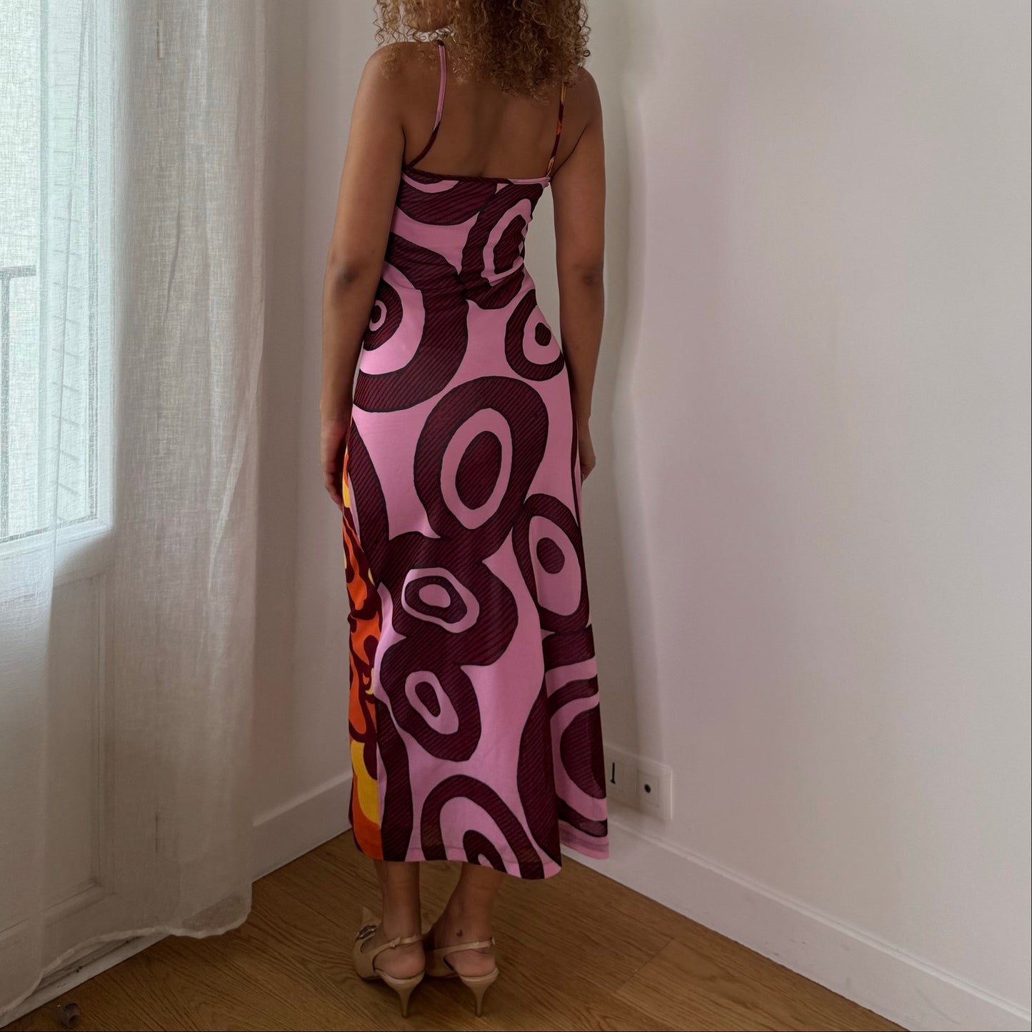 Vintage Morgan de Toi Pink Orange Women Graphic Mesh Maxi Dress Y2K (S)