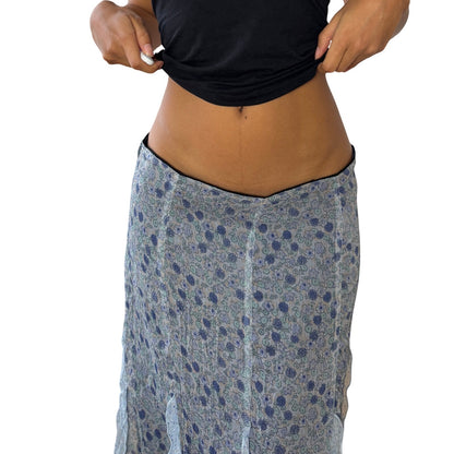 Vintage Italian blue floral chiffon midi skirt with silk ruffle inserts (S/M)
