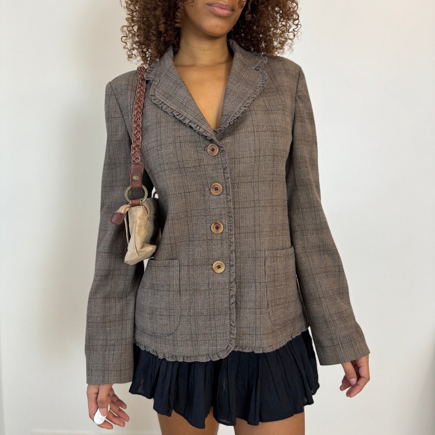 Vintage French Taupe Plaid Button Front Tailored Jacket (S/M)