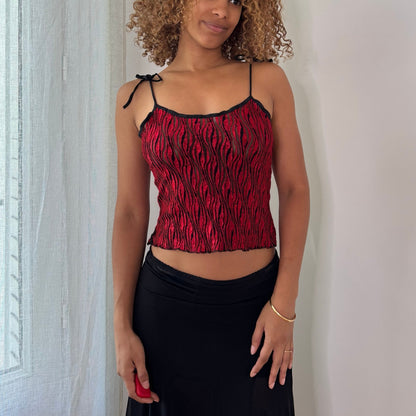 Vintage Red & Black Textured Cami Top Tie Strap Italian Y2K (S)