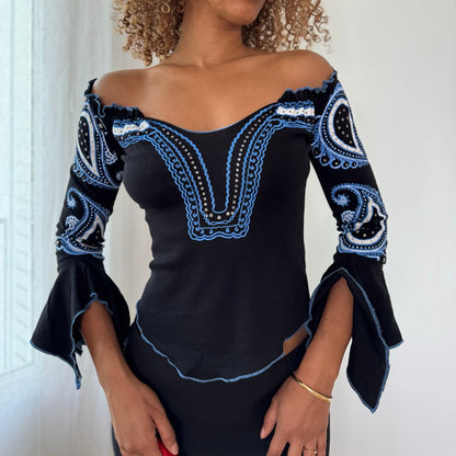Vintage Black Blue & White Off Shoulder Bell Sleeve Cotton Top Italian Y2K (S)