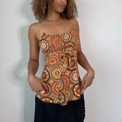 Vintage Orange Brown Paisley Mesh Cami Top Tie Front Italian Y2K (S)