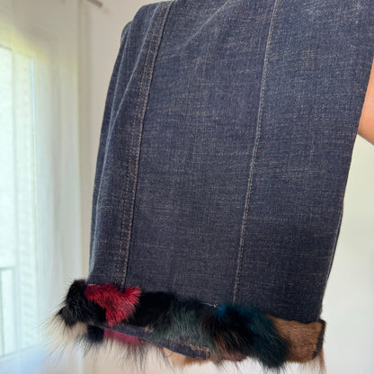 Vintage Italian Denim Faux Fur Trim Midi Skirt (XS/S)