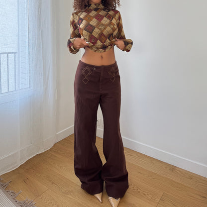 Vintage Italian chocolate brown wide-leg trousers with embroidered front details (S/M)