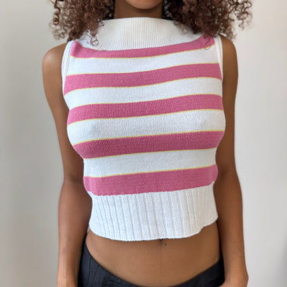 Vintage Italian pink + white striped mock-neck knit tank (Small)