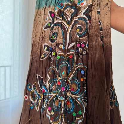 Vintage Brown Blue Sequin Boho Maxi Skirt Euro Y2K (XS/S)