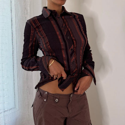 Italian Vintage Brown Orange Striped Fitted Button Up Shirt