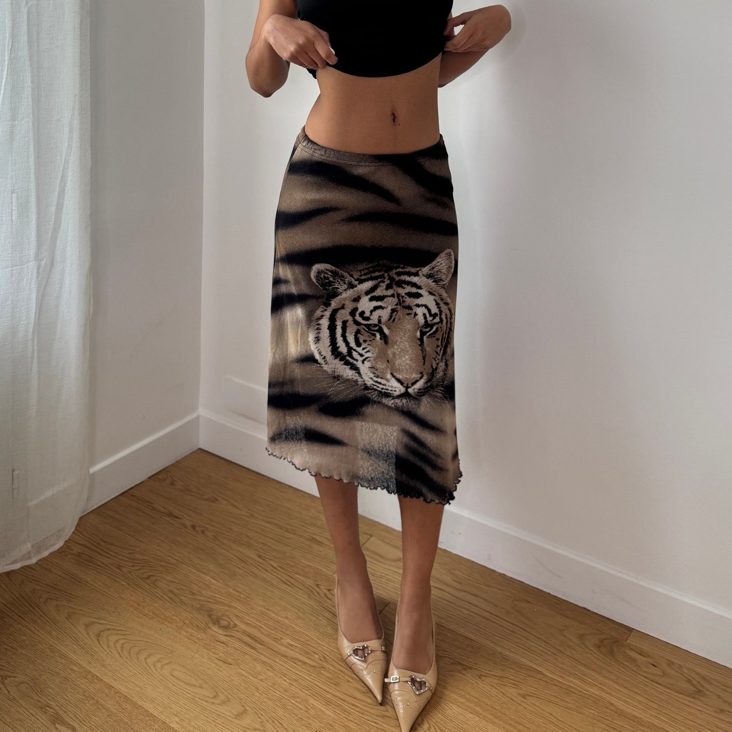 Vintage Brown Tiger Print Mesh Midi Skirt (S)