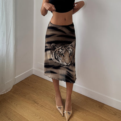 Vintage Brown Tiger Print Mesh Midi Skirt (S)
