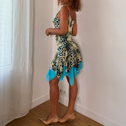 Vintage French Mesh Leopard Print Handkerchief Mini Dress