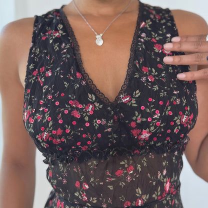 Vintage Black Pink Floral Sheer Mesh Sequin Top (S)