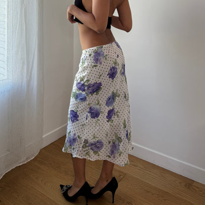 Vintage White Floral Polka Dot Mesh Midi Skirt Purple Rose Y2K French 100% Viscose (S)