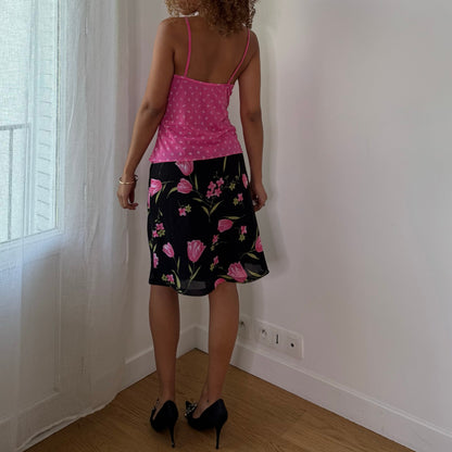 Vintage Pink Floral Mesh Tie Front Cami Top Layered Italian Y2K (S/M)