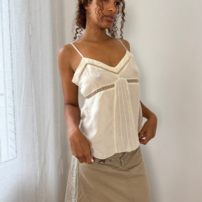 Vintage Benetton ivory satin + lace pin-tuck cami (Small)