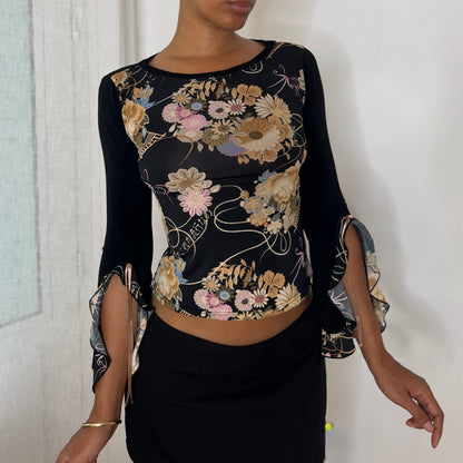 French vintage Y2K black floral print slinky long sleeve top with dramatic split bell sleeves