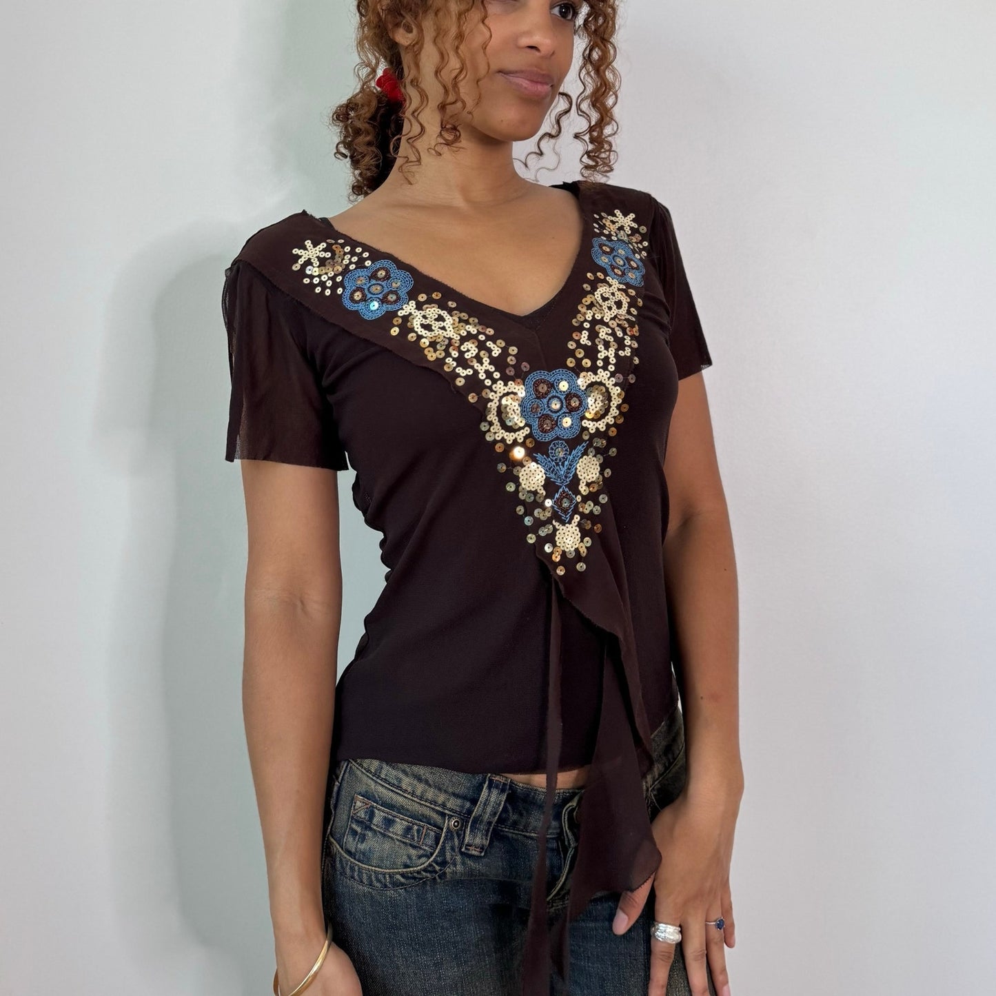 Vintage Annarita N Brown Sequin Embroidered Open Back Top Italian Y2K (S)