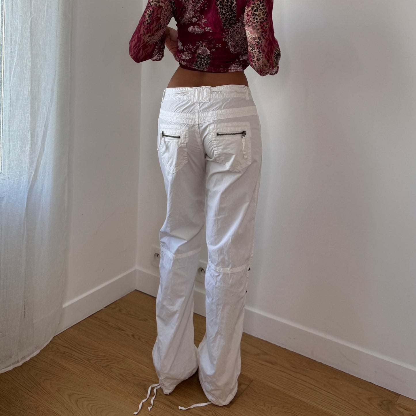 Vintage White Parachute Cargo Trousers Adjustable Ankle Y2K Euro (S)