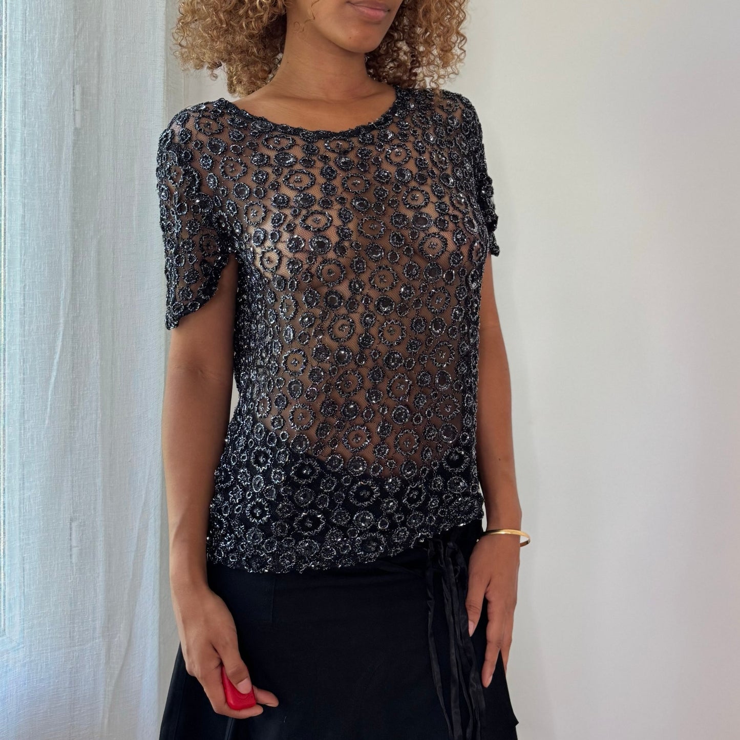 Vintage Black Beaded Mesh Top Sheer Floral Sequin Y2K (S/M)