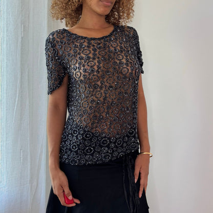 Vintage Black Beaded Mesh Top Sheer Floral Sequin Y2K (S/M)