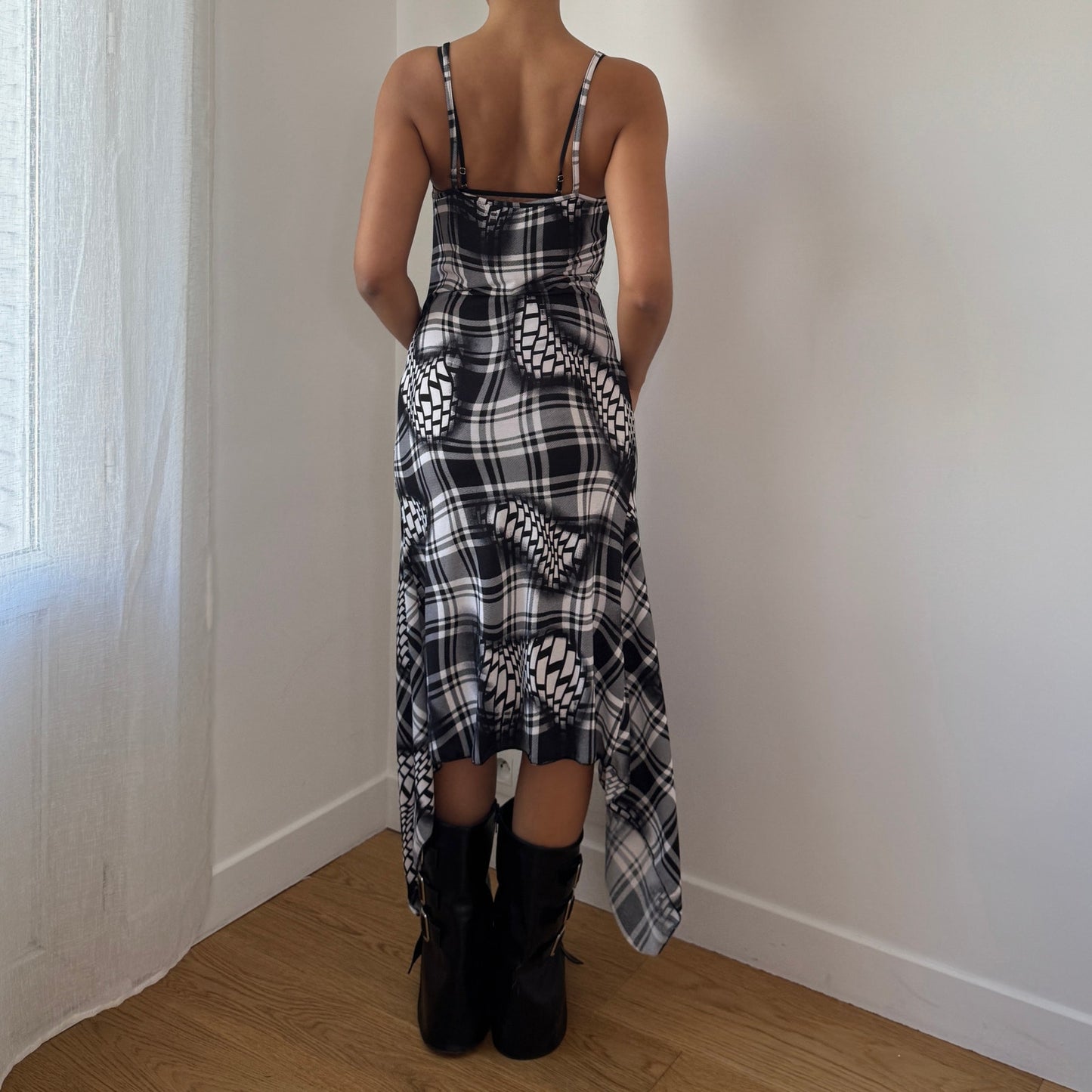 Vintage French Check Midi Dress Asymmetrical Hem (S)