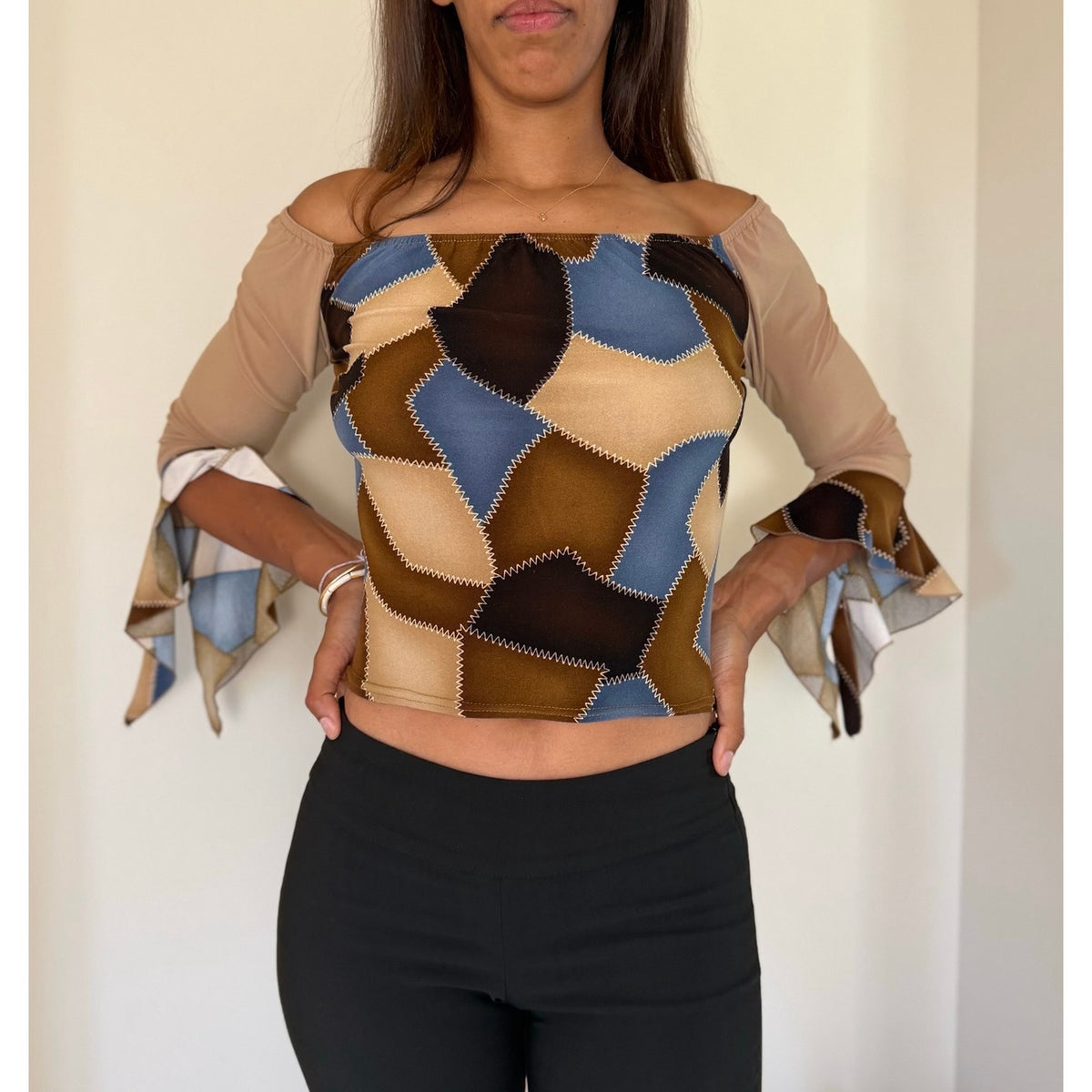 French vintage brown & blue patchwork print top with off shoulder neckline and flared sleeves