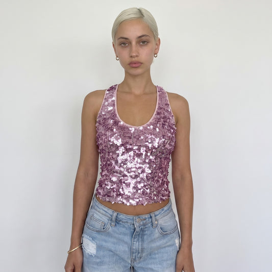 Vintage Pink Iridescent Sequin Tank Top Sheer Mesh Back Italian Y2K (S)