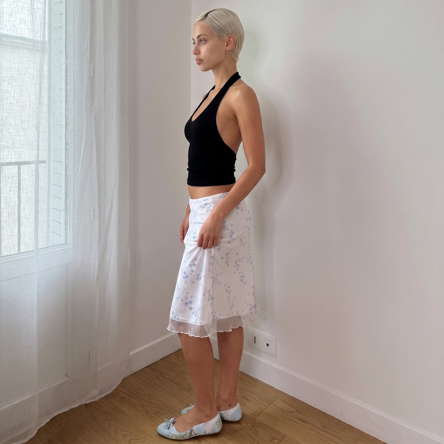 Vintage Pimkie White & Blue Floral Mesh Midi Skirt Y2K (S)