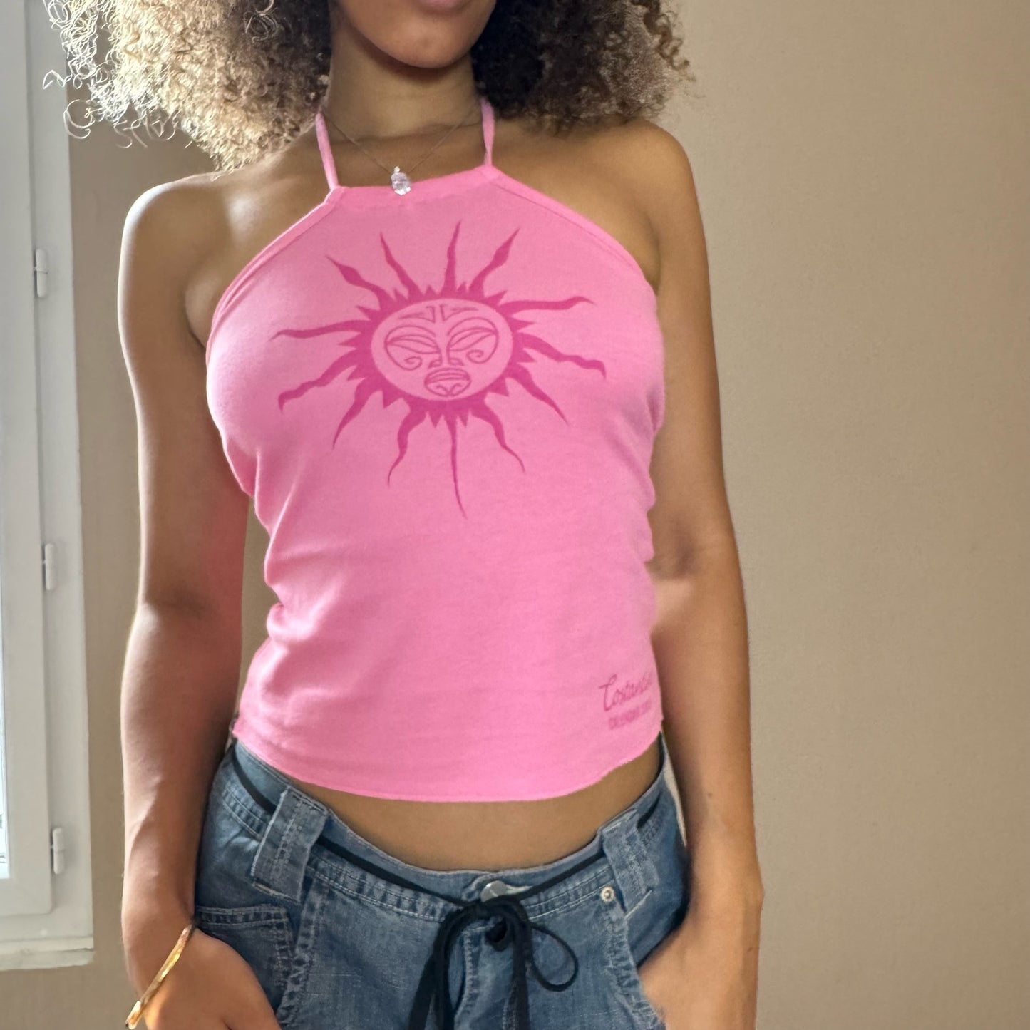 Vintage 00s pink sun graphic halter tank (XS/S)