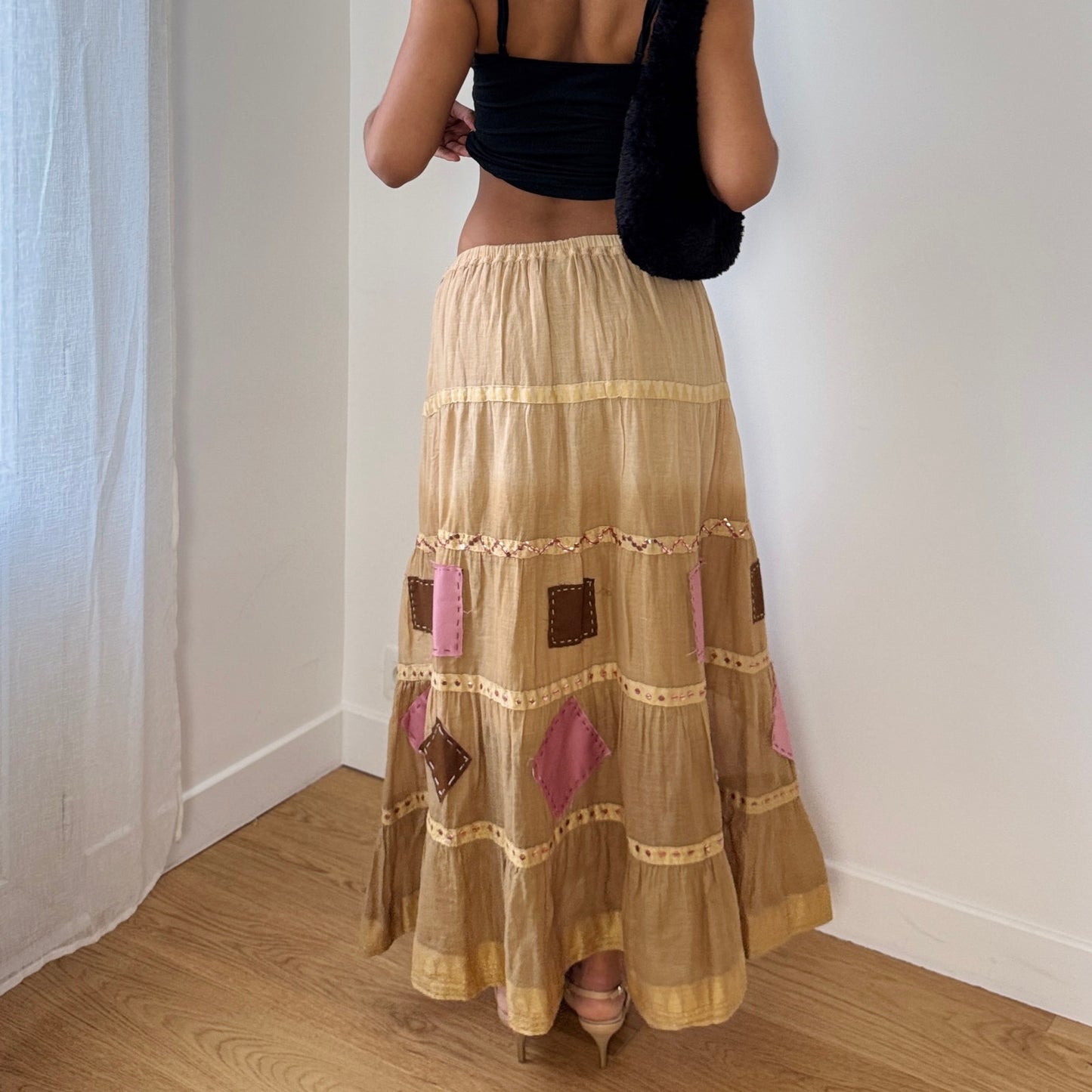 Vintage Euro Patchwork Tiered Maxi Skirt Beige Pink Boho (S)