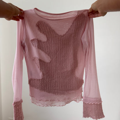Euro Vintage Italian Pink Mesh & Knit Patchwork Top (Small)