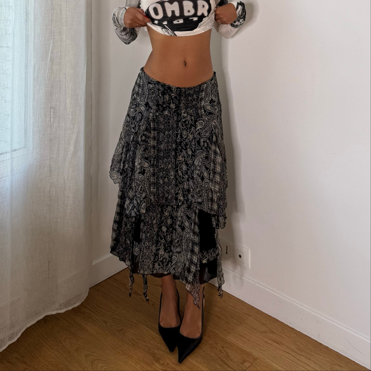 Italian Vintage Black Beige Paisley 100% Silk Mesh Asymmetric Handkerchief Maxi Skirt