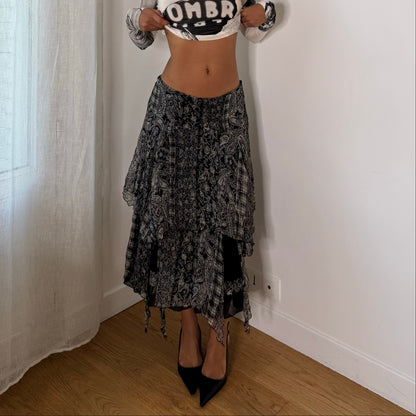 Italian Vintage Black Beige Paisley 100% Silk Mesh Asymmetric Handkerchief Maxi Skirt