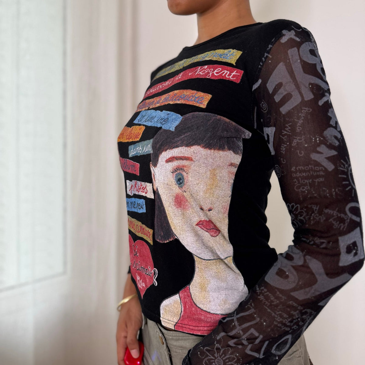 Misia Paris French vintage Y2K black illustrated graphic top with French poetry print & sheer doodle mesh sleeves