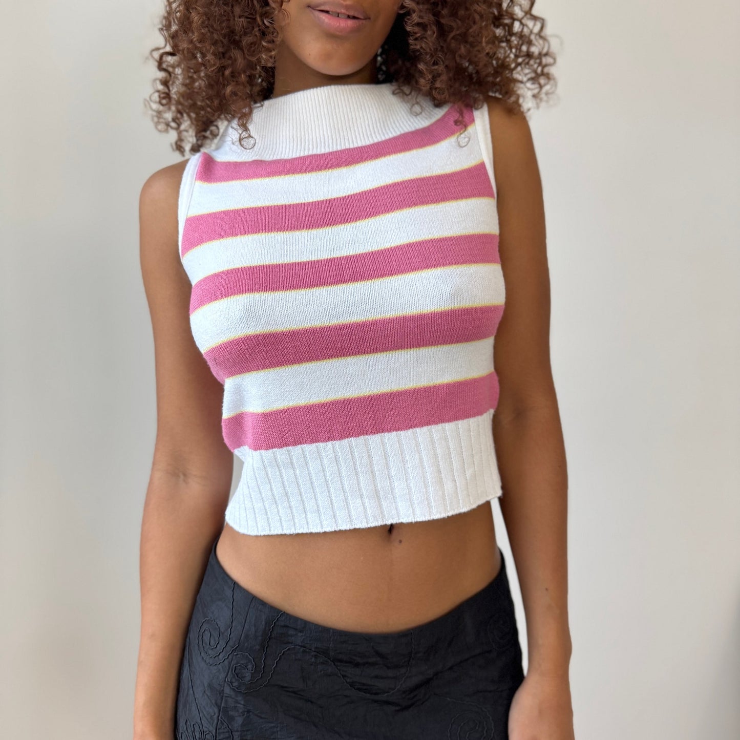Vintage Italian pink + white striped mock-neck knit tank (Small)