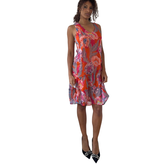 Vintage Floral Sheer Viscose Midi Dress Sequin Detail Sleeveless Ruffle Hem (M/L)