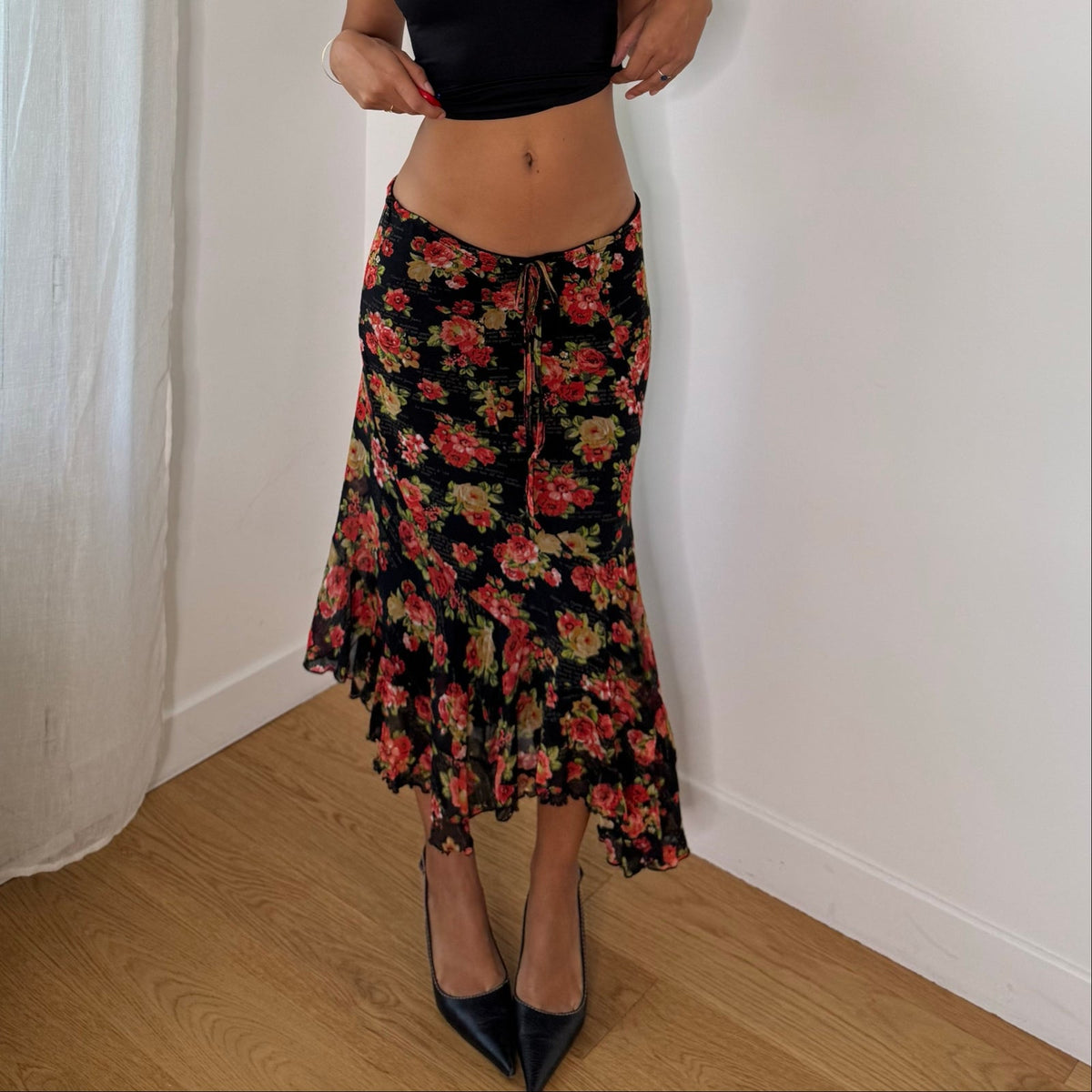 Twin-Set Italian vintage 2000s black floral mesh midi skirt with red roses, drawstring waist & asymmetric ruffle hem