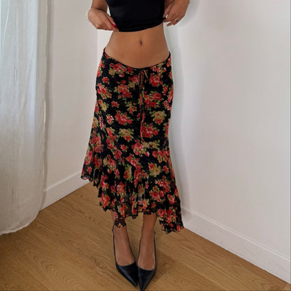 Twin-Set Italian vintage 2000s black floral mesh midi skirt with red roses, drawstring waist & asymmetric ruffle hem