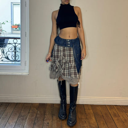 Vintage 00s plaid midi skirt with denim waistband and back (XS/S)