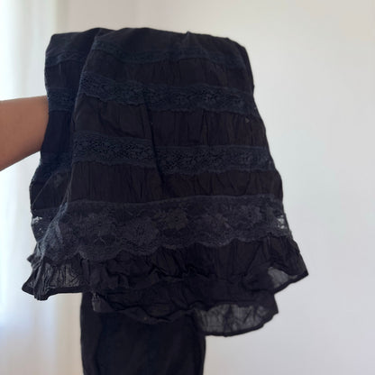 Vintage Black Cotton Midi Dress Ruffle Hem Peasant Y2K (S/M)