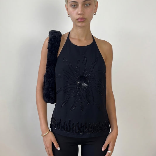 Vintage Black Beaded Halter Top Open Back Y2K Cotton Top (S)