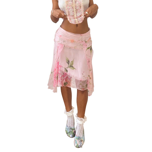 Italian vintage pink silk floral mesh overlay skirt with asymmetric hem (S)