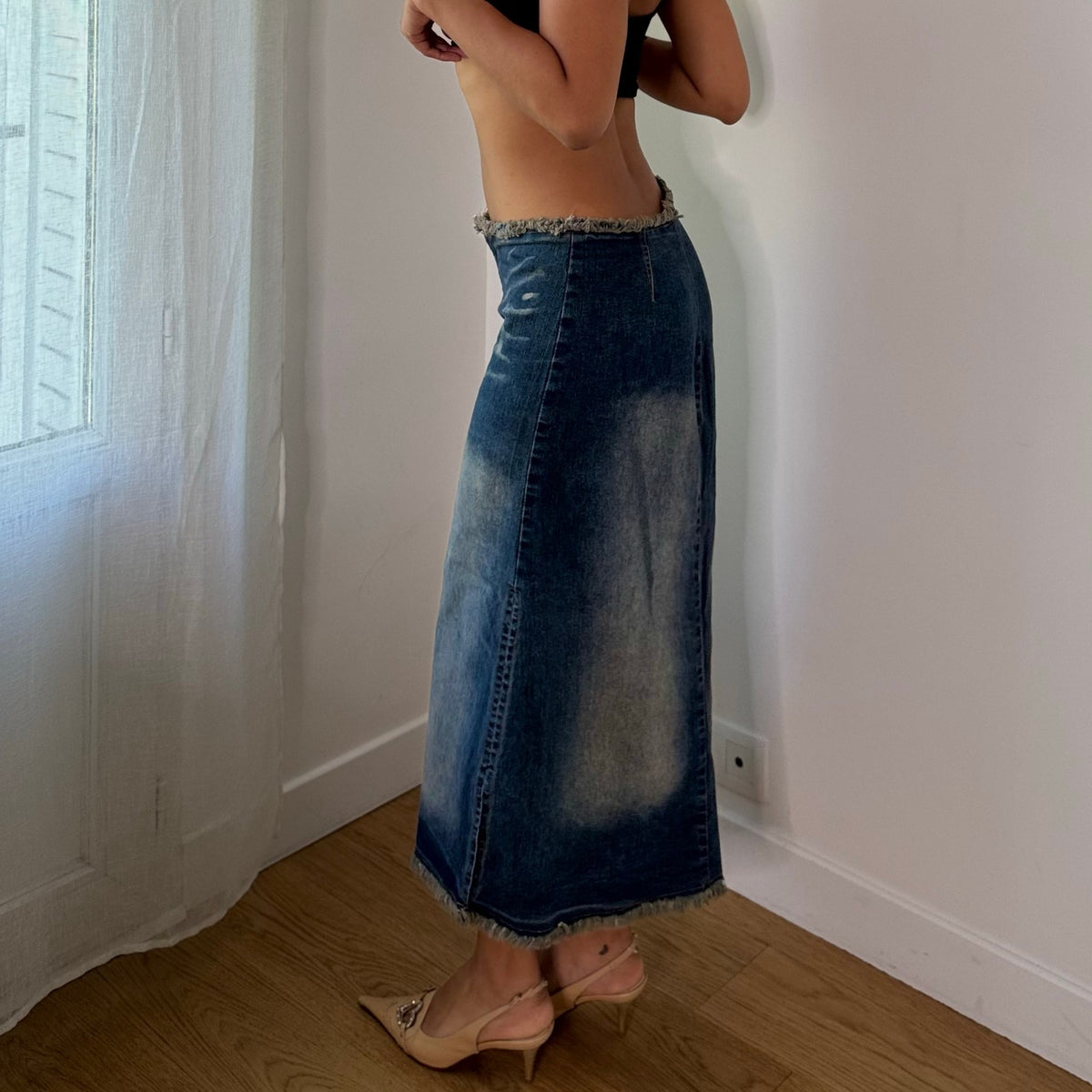 Vintage Blue Denim Distressed Frayed Midi Skirt (S)