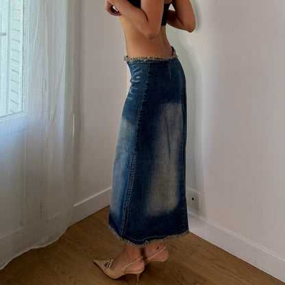 Vintage Blue Denim Distressed Frayed Midi Skirt (S)