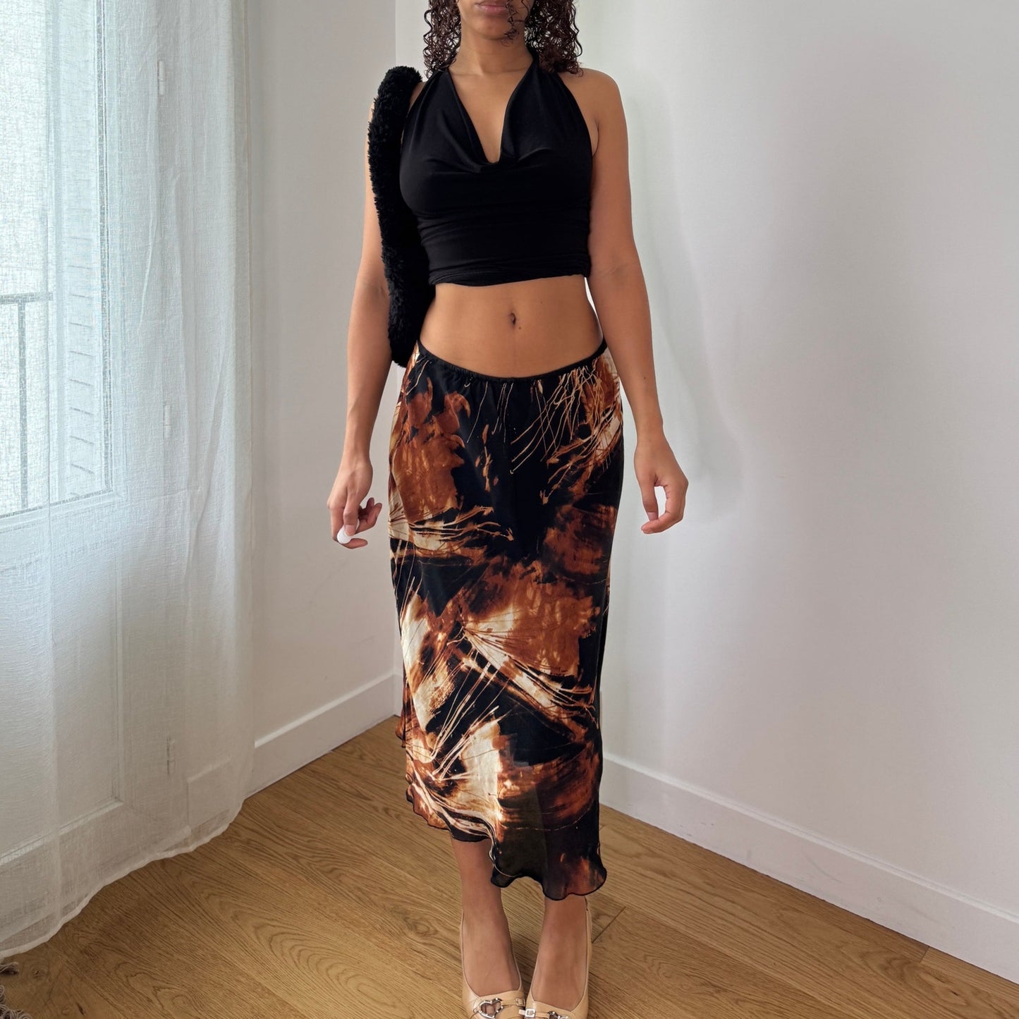 Vintage Y2K Brown Abstract Mesh Midi Skirt with Ruffle Hem Made in Italy (S) ⠀
